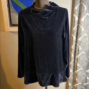 Rossopuro Dark Dusty Blue Silk Blend Velvet Mock Turtleneck Blouse SZ Small